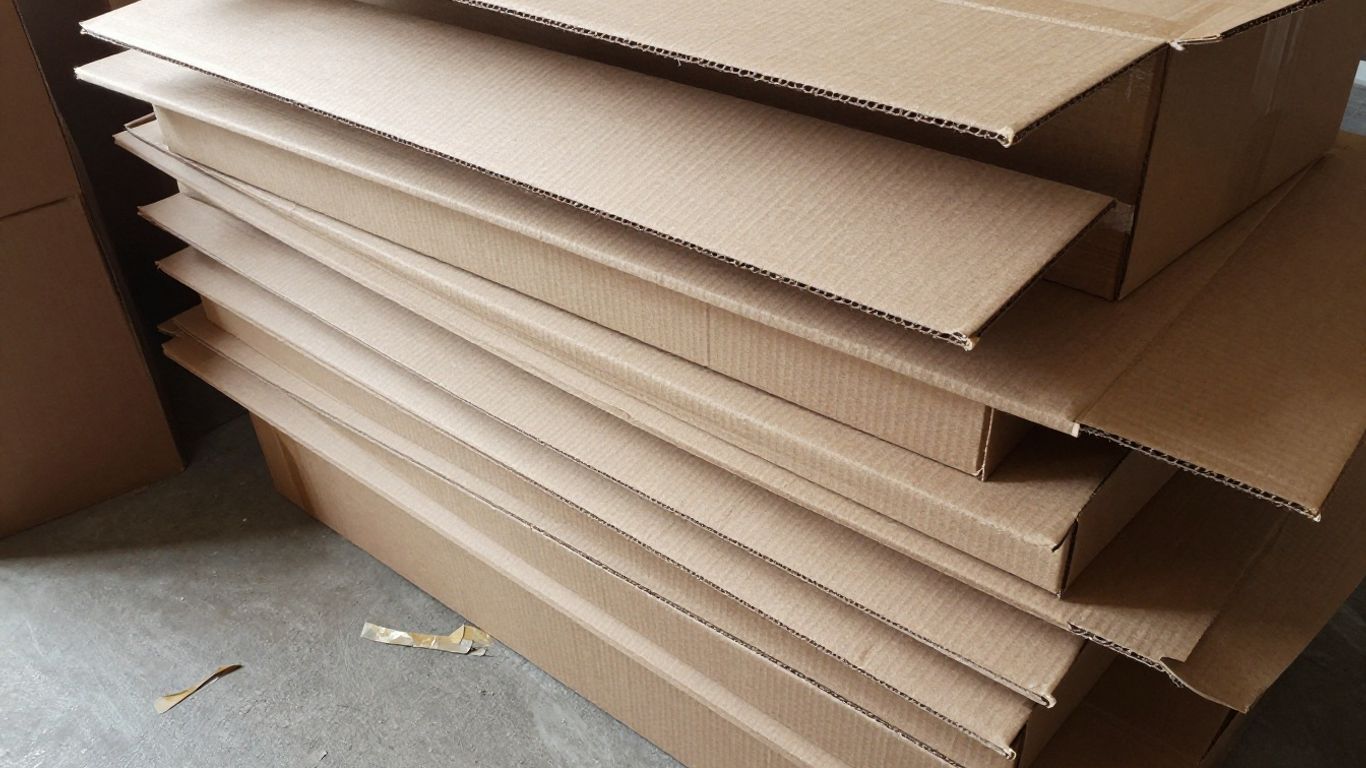 Stack of moving boxes with packing paper.