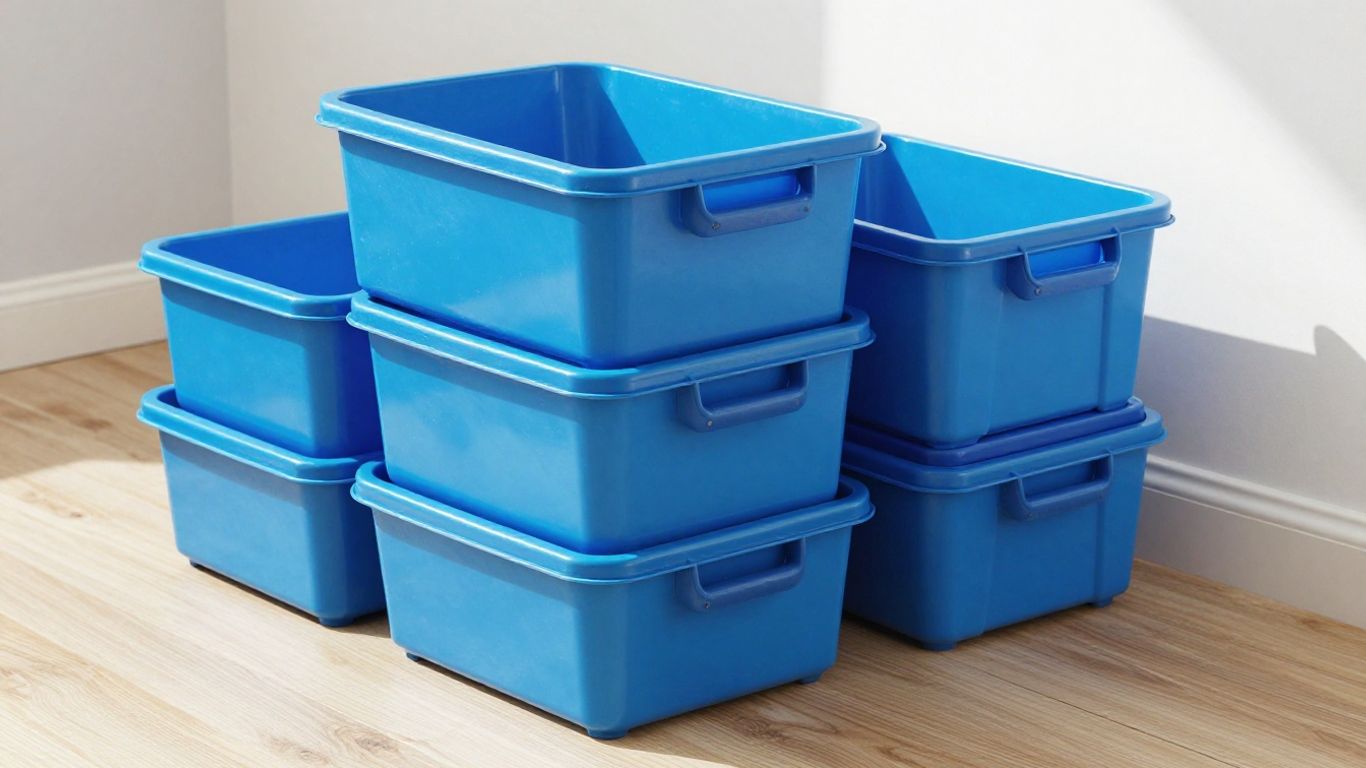 Stack of blue plastic moving boxes