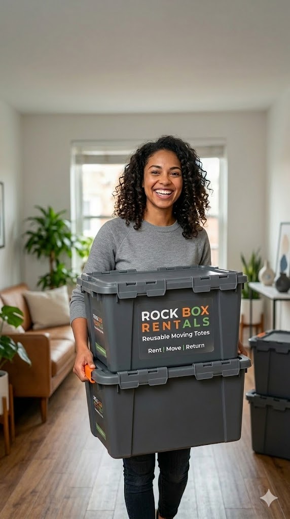 RockBox customer holding branded reusable moving boxes in a Round Rock, TX home